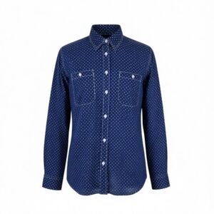 Ralph Lauren Jeans Co Blouse Size L Roll Tab Sleeve Polka Dot Cotton Navy